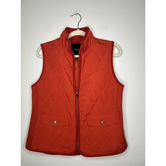 Talbots Woman Quilted Vest Red Orange Pockets Casual Full Zip Size Medium - Picture 1 of 9